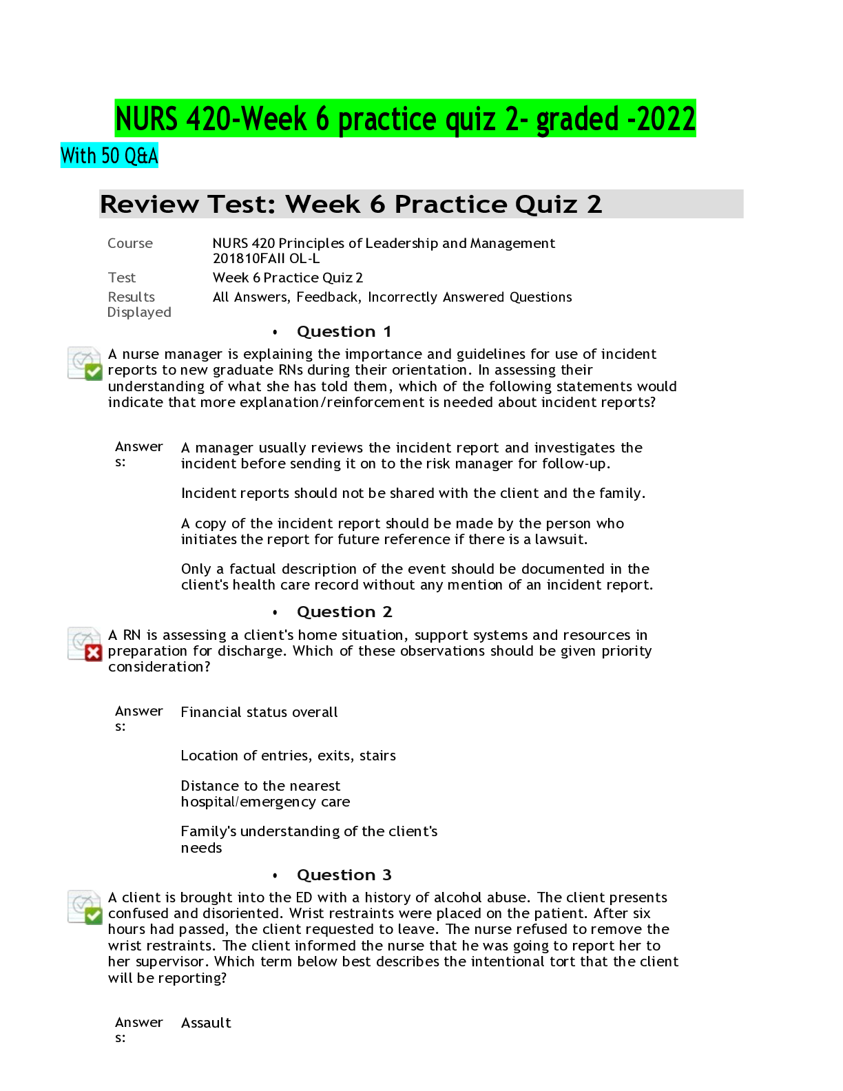 Preview of NURS 420-Week 6 practice quiz 2- graded -2022